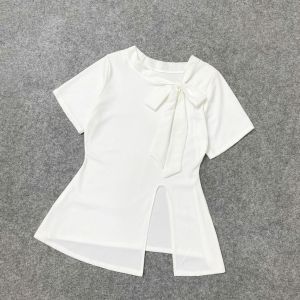 Áo thun kiểu nữ Bigsize cột nơ cổ xinh vạt áo xẻ thanh lịch màu trắng đen basic thun gân co giãn - A272