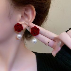 M GOOO Tassel Dangle Earrings Shiny Rhinestone Pearl Bow Stud Earrings Simple Red Rose Sweet Jewelry Wedding Accessories