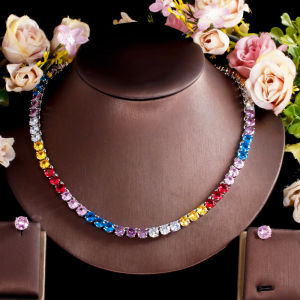 SEQUITO Bling Bling Fashion CZ Diamond Daily Party Jewelry Hand Pave 6mm Round Rainbow Crystal Simple Choker Necklace Earrings Set for Women Costume Dress Accessories SJ266