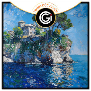 Tranh phong cảnh đơn giản vùng biển đảo ngôi nhà ven biểntranh sơn dầu treo tường dán tường trang trí nội thất.CGI-599