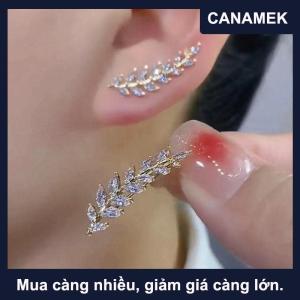【CANAMEK】 Sang trọng sáng bóng Rhinestone lá Stud Bông tai cho phụ nữ tinh tế lúa mì Tai Cuff Bông tai đồ trang sức cưới