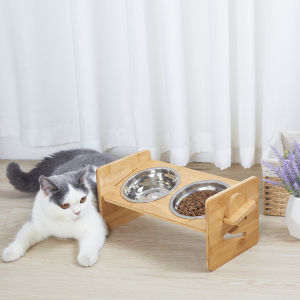 Adjustable Double Bowl Pet Dog & Cat Feeder Elevated Raised Pet Food Water Bowl Station with 2 Stainless Steel Bowls