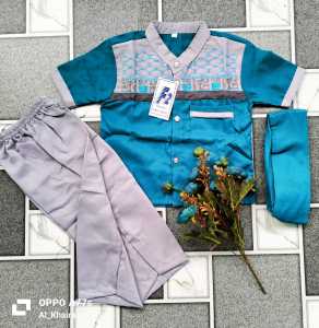 Setelan Koko Bordir Lengan Pendek & Celana Panjang Motif Geometris untuk Anak Laki-Laki Usia 1-15 Tahun