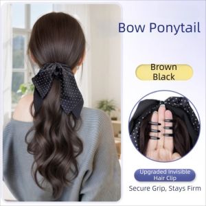 NBANLIKE tiếng Hàn Bộ tóc giả đuôi ngựa nơ bướm chấm bi Tổng hợp Kẹp móng Bím tóc đuôi ngựa dài xoăn sóng Phụ kiện tóc Mềm mại Phụ kiện tóc đuôi ngựa Quý cô