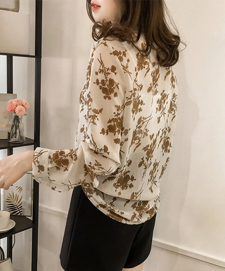 Meihuida Korean Fashion Women 34 Sleeve Elegant Print Chiffon Shirts Tops  Summer Blouses