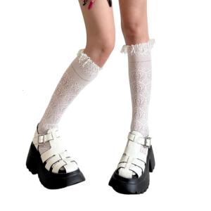 Stretchy Nylon Fishnet Over Calf Long Socks Hollowout Jacquard Design Solid Color Tassels Knee Length Socks For Women