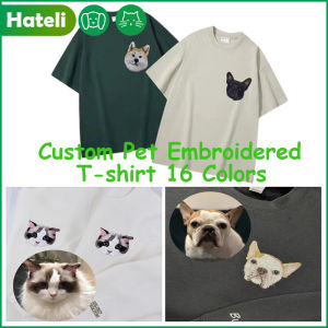HATELI Custom Pet Photo Embroidered Tshirt Personalized Pet Face and Pet Name Custom Pet Cartoon Dogs Cats Mom Dad Three-dimensional Embroidery T-shirt