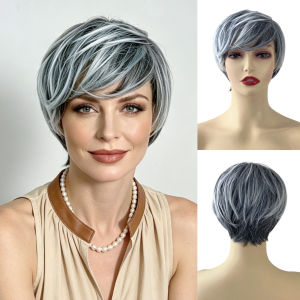 Wig female European and American fashion short straight hair black and white dyeing mixed color chemical fiber short hair full head cover