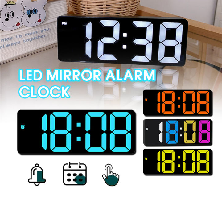 Black White Mirror LED Alarm Clock Large Screen Bedside Table