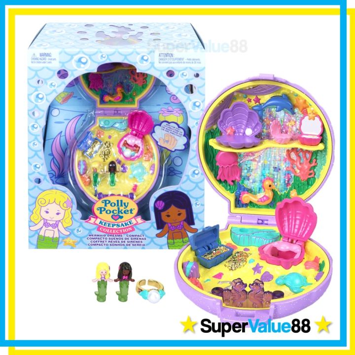 Polly Pocket Keepsake Collection Mermaid Dreams Collectible Compact,  Under-The-Sea Theme, Special Box, 2 Mermaid Dolls, Wearable Ring & More