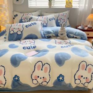 Cartoon Milk Velvet Bed Sheet Four-Piece Set Fleece-Lined Warm Quilt Cover Double-Sided Velvet Bedding Three-Piece Set Rabbit Velvet Quilt Cover Bedding LZD