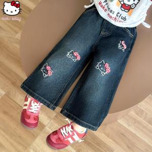 Christmas Gift Halloween Anime Kuromi New Girls Wide Leg Pants Sanrio Hello Kitty Kawaii Stylish Korean Kids Embroidered Jeans Soft Straight Leg Pants