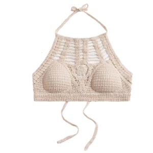 Womens Bohemian Hollowout Crochet Knit Halterneck Bikini Bra Embroidery Bralette Beach Camisole Crop Top with Chest Pads