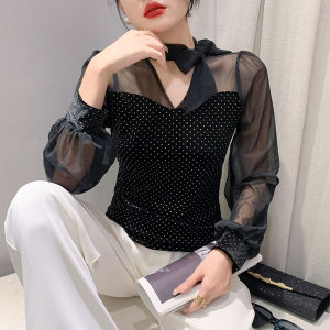 Yimei Áo cánh nhung vàng cổ chữ V Lưới Buộc Dây cho mùa thu 2023 Áo chui đầu mới chấm bi chấm bi cho ôm dáng thanh mảnh và Áo sơ mi mặc trong dài tay phối cảnh thời trang cho nữ