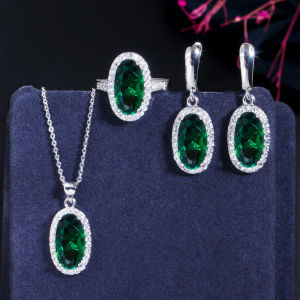 SEQUITO Temperament Goddess Jewelry Set White Gold Plated Inlay Pink AAAAA Oval Cubic Zirconia Classy Pendant Necklace Drop Earrings Ring 3Pcs Pageant Accessories SJ324