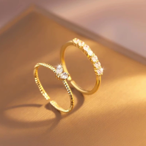 2Pcs Zircon Heart Ring Set - Elegant Adjustable Gold and Silver Rings for Womens Fashion Jewelry