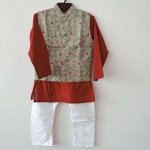 Grey floral design jacket with red plain boys kurta set-readystock in SG-Boys ethnic wear