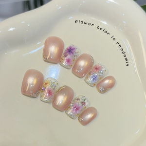 10pcs/bag Handmade Press On Nails Cute Flowers Blue & Red French Ultra Short Coffin Gold Chrome Effect Detachable False Nail