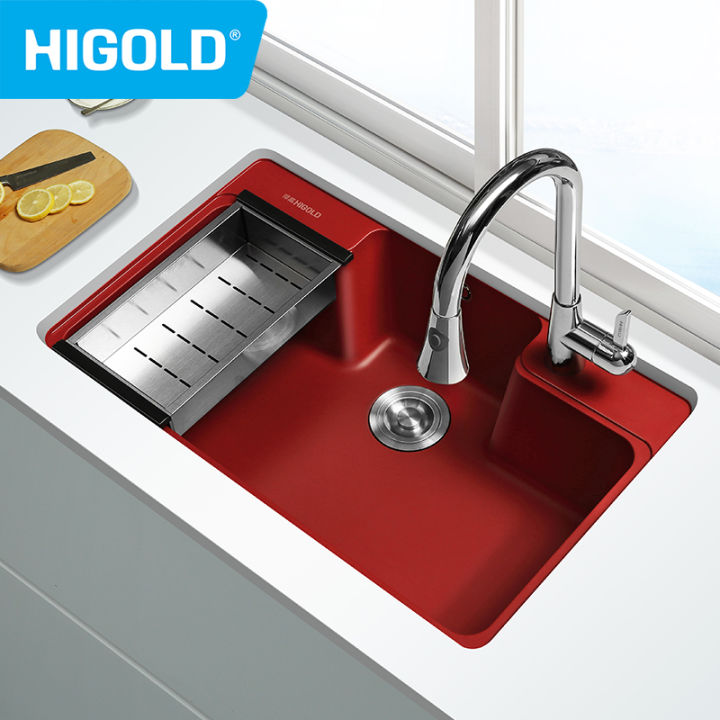 HIGOLD Middle Kitchen Sink Quartz Sink Material Two Faucet Can Be
