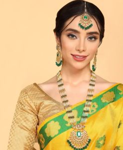 Reesha Jewel - Gold Plated Pan Long Necklace (Green Pink Maroon)
