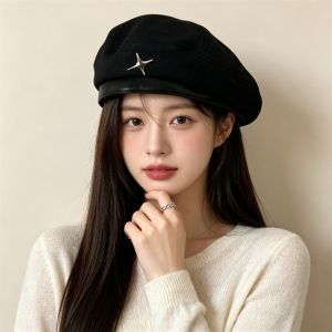 MARBLEX Solid Color Woolen Beret Hat Y2K Star Decorative Leather Edge Painter Hat Vintage Retro Artist Hat Autumn Winter