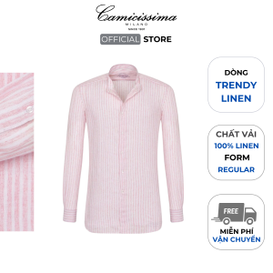 ( Mới ) Áo Sơ Mi Nam Tay Dài CAMICISSIMA Hồng Sọc Vải Linen Form Regular Fit Dòng Trendy - TDLPINK2017