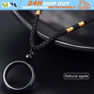 Fashion Black Agate Circle Ring Pendant Rope Necklace for Women Men Cool Jewelry Gifts Adjustable Black Obsidian Coin Pendant Necklace Healing Chakra Crystal Amulet Lucky Pingan Donut  Gemstone Protection Women