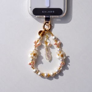 GALADO Bloom De Camellia 18K Gold Plated Phone Charm Phone Chain With Pearl And Feather