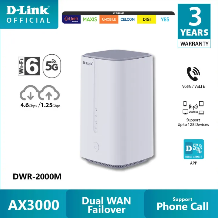 D-Link 5G NR CPE Sim Card AX3000 Wi-Fi 6 Wireless Mobile 2 x 2.5 Gigabit Port with RJ 11 Vo5G/ VoLTE WiFi Router DWR-2000M