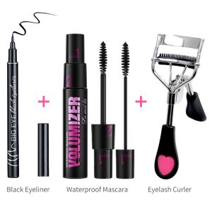 3Pcs Set Eye Makeup 2 in 1 Waterproof Mascara Eyelash Curler Black Eyeliner Set Eyelash Curler with Comb