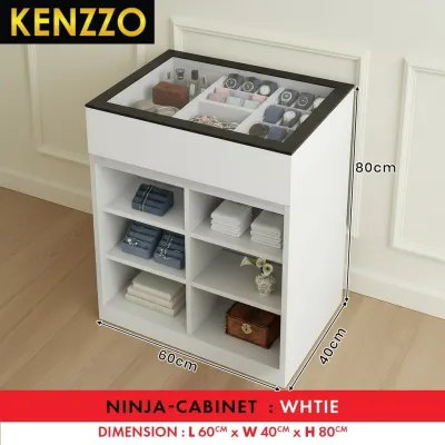 Chest Drawer with Mirror & Glass Display Top | Makeup Organizer Cabinet | Kabinet Laci Putih - Ninja - KENZZO