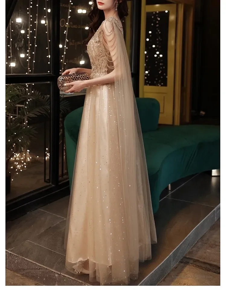 Champagne Gold Evening Dresses With Cape A Line Sexy V neck A line