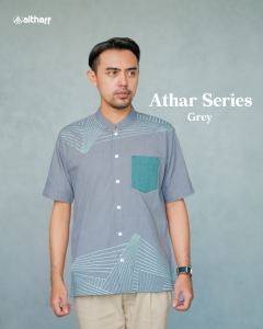 ATHAR Series by ALTHAFF Baju Koko Couple Ayah dan Anak Laki-Laki Bahan Katun Lengan Pendek Warna Grey dan Biru Skyblue | Kemeja Muslim Pria Dewasa Terbaru 2023