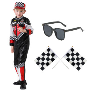 LOlanta 4Pcs Kids Race Car Driver Costume Boys Lattice Racing Halloween  Dress Up Racer Jumpsuit with Car Cap 3-10 Years