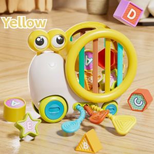 Baltra Baby Snail Sensory Shape Sorter Blocks Pull String Toy Cartoon Storage Cube Bin Snail Car Fine Motor Skill