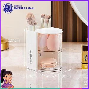 【SM Mall】360 Rotating Cosmetic Storage Box Dustproof Makeup Brush Holder with Lid Lipstick Organizer for Powder Puff Skincare Products Foundation Perfume Display Case Vanity Desk Organizer