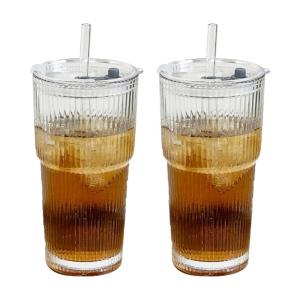 Pack of 2 Practical Clear Glass Beverage Cups with Straw and Lid 600ml Thickened Designs for Hot and Cold