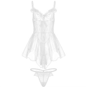 I2H67 V Neck See Through Lace Nightdress Irregular Hem Flounce Lace Mesh Nightgown Sweet Bowknot Sling Night Dress Women