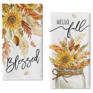 2-Pack Thanksgiving Kitchen Towels - Pumpkin Print Dish Cloths for Holiday Decor Drying Dishes Baking and Autumn Table Setting
