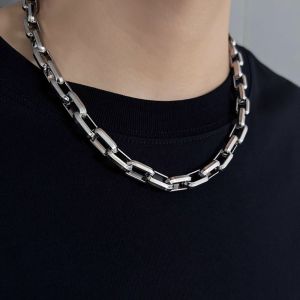 JPTD Silver Color Man Necklace Thick Titanium Steel Metal Necklace Hip Hop Punk Layered Necklace Men