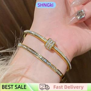 SHNGki High-end 18K Golden Titanium Steel Non-Fade Bracelet Female Plain Ring Zircon Bracelet Light Luxury Niche Bracelet