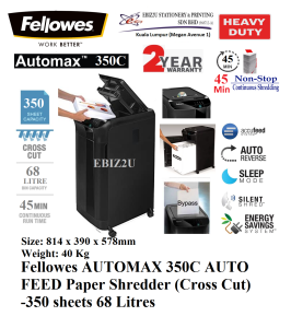 Fellowes AUTOMAX 350C AUTO FEED Paper Shredder (Cross Cut) 4 x 38 mm -350 sheets 68 Litres (Cross Cut Paper Shredder Shredder Machine Office Shredder Heavy Duty Shredder Mesin Penghancur Kertas)