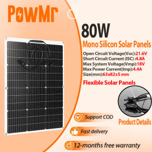 POWMR 80W Bendable Flexible Monocrystalline Solar Panel 18V 21~25% High Conversion IP68 Waterproof 15A Bypass Diode MC4 Plug Lightweight Panel for RV Yacht Balcony Home Off-Grid Power System 12-Month Warranty