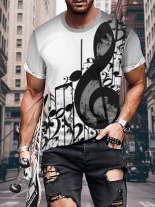 Hiyin 3d Digital T Music note print short-sleeve summer mens round-neck top