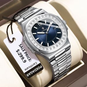 นาฬิกา POEDAGAR สำหรับผู้ชายแบรนด์เดิมกันน้ำแฟชั่นปฏิทินสเตนเลสนาฬิกาหน้าปัดทรงสี่เหลี่ยมส่องสว่าง