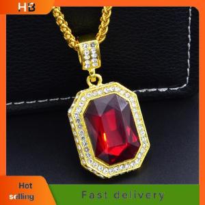 HB Inlaid Diamond Square Ruby Necklace Hip Hop Mens Pendant Red Stone Pendant Vintage Jewelry Costume Accessories