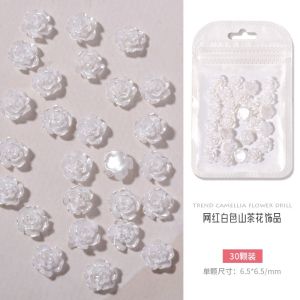 3D White Camellia Pearl Nail Decoration Crystal Flower Ornament DIY Nail Art Accessories 30pcs/bag