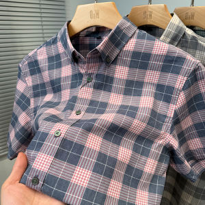 Grid style mens shirt 2026 new short sleeved summer versatile casual fashion young and middle-aged light luxury shirt