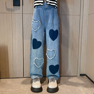 Rolanko 5-14 Year Baggy Jeans Pants for Kids Girls Fashion Straight Trousers Wide Leg Pants Heart Print Bottom Childrens Elasticated Waist Casual Wear