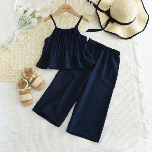 Gấu lãnh đạo mới ternos trẻ em quần áo bé gái phù hợp với mùa hè màu xanh lá cây xếp li áo dây và quần màu đơn trẻ em thời trang quần áo trang phục cho bé 3 4 5 6 7 năm